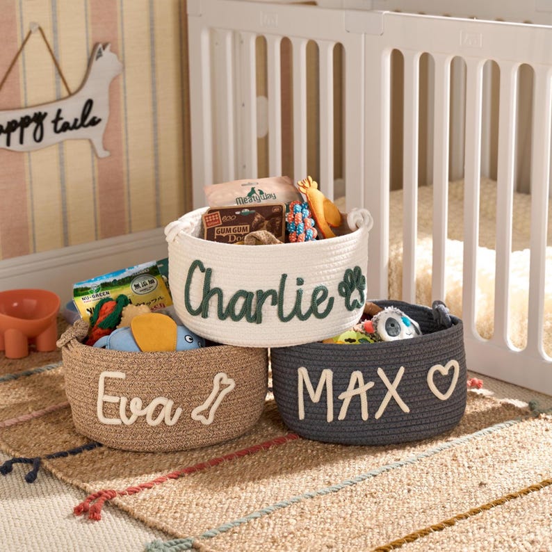 Personalized Pet Toy Basket | Custom Cotton Rope Storage image 1