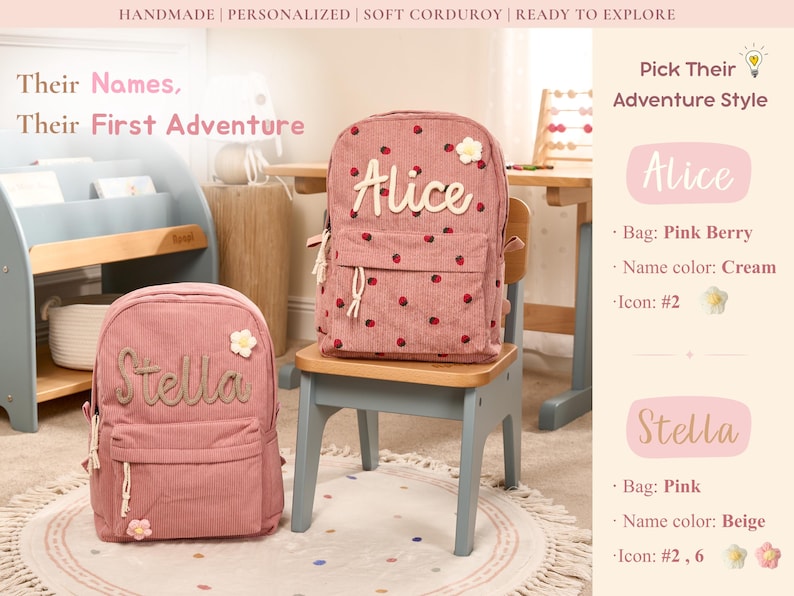 May include: Two pink corduroy backpacks, one with "Alice" and the other with "Stella" embroidered on the front. The Alice backpack has a strawberry pattern. Both have flower accents and are on a rug.
