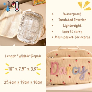 May include: Beige insulated lunch bag with a strawberry pattern and the name "Darcy" in colorful yarn. The bag is 10" long, 7.5" wide, and 3.9" deep, with a mesh pocket and a waterproof exterior.