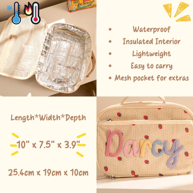 May include: Beige insulated lunch bag with a strawberry pattern and the name "Darcy" in colorful yarn. The bag is 10" long, 7.5" wide, and 3.9" deep, with a mesh pocket and a waterproof exterior.