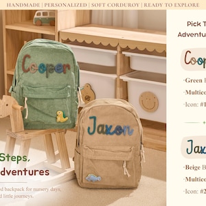 May include: Two corduroy backpacks are shown, one green and one beige. The green backpack has the name "Cooper" in colourful letters, and the beige backpack has the name "Jaxon". Both have a small pocket and a decorative icon.