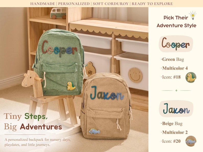 May include: Two corduroy backpacks are shown, one green and one beige. The green backpack has the name "Cooper" in colourful letters, and the beige backpack has the name "Jaxon". Both have a small pocket and a decorative icon.