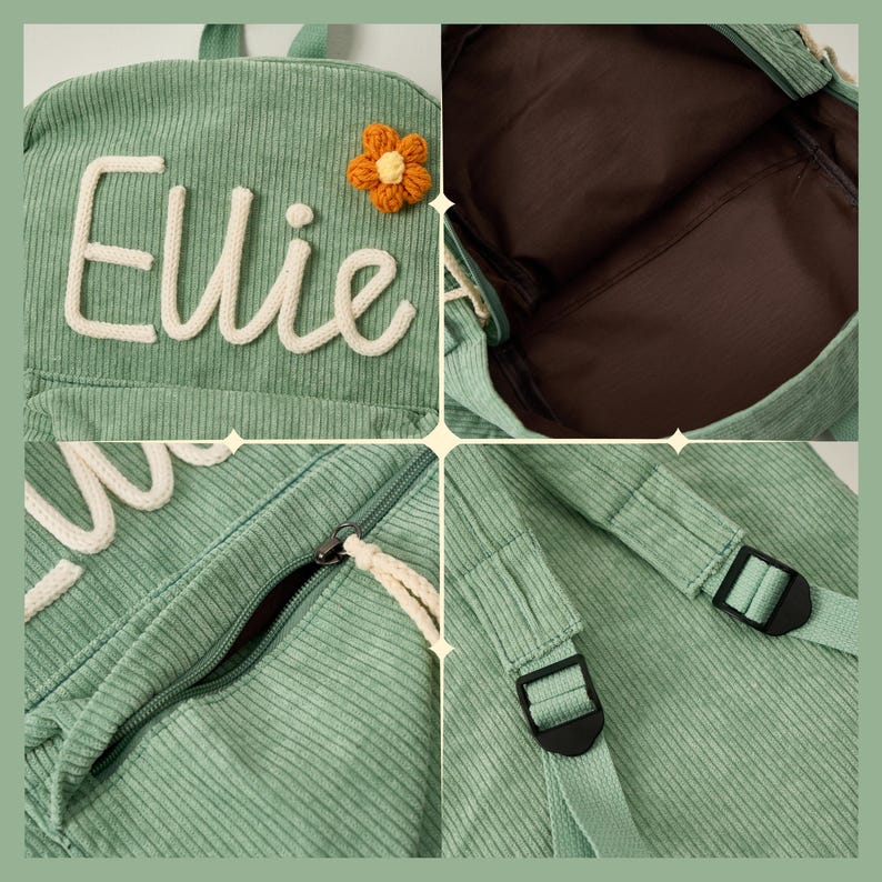 May include: A green corduroy backpack with a white embroidered name 'Ellie' and a small orange flower. The backpack has a zippered pocket and adjustable straps with black buckles. The inside of the backpack is brown.