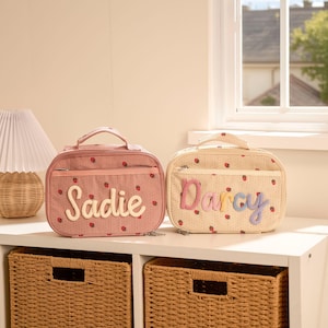 Personalized Kids Lunch Bag: Corduroy Strawberry Design, Knitted Name