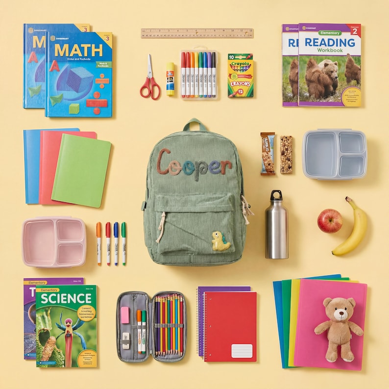 May include: A collection of school supplies, including books, notebooks, pens, pencils, crayons, scissors, glue, a backpack with the name "Cooper", a lunchbox, a water bottle, a red apple, and a banana. A teddy bear is also included.