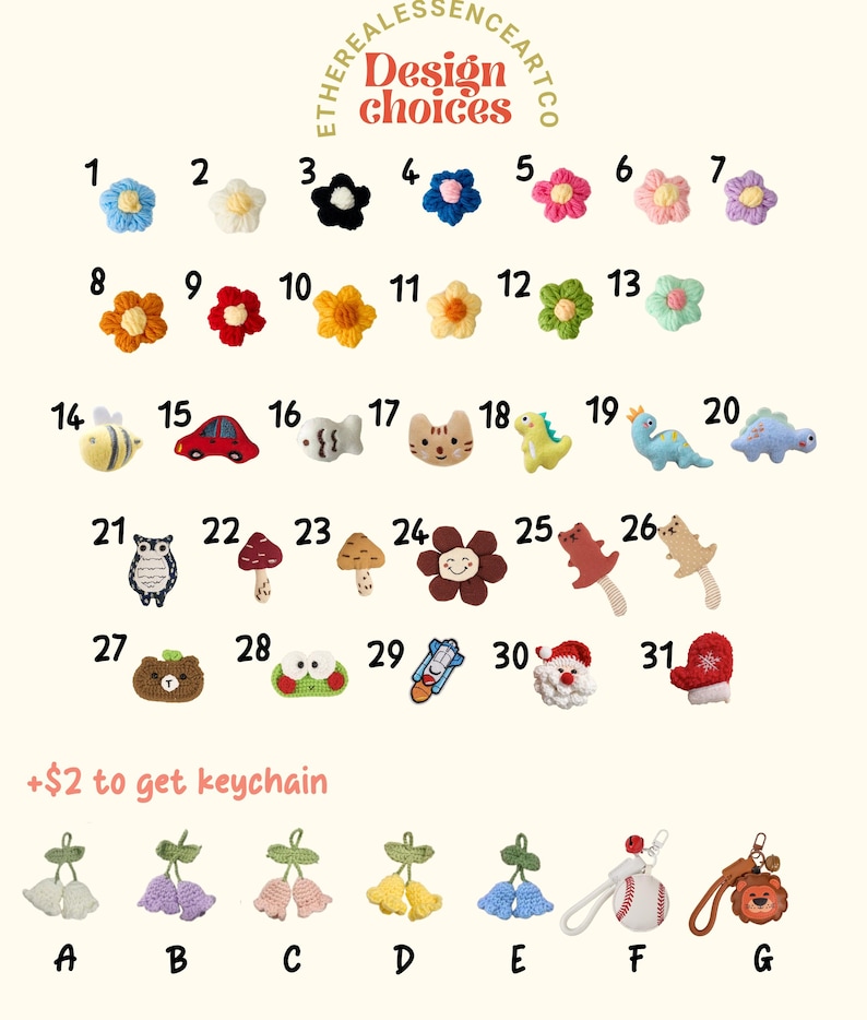 Puede incluir: Se muestran varios dise&ntilde;os de ganchillo hechos a mano, incluyendo flores, animales y art&iacute;culos festivos. La imagen presenta una selecci&oacute;n de creaciones coloridas y caprichosas, perfectas para manualidades o adornos. El texto "Design choices" est&aacute; en la parte superior.