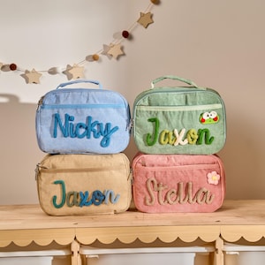 Personalized Corduroy Lunch Bag | Chunky Knit Name, Strawberry Print, Insulated Picnic Bag