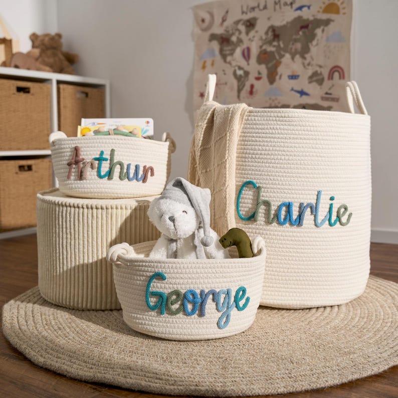 May include: Three white rope storage baskets with colorful embroidered names: Arthur, Charlie, and George. The baskets are on a light brown rug with a white teddy bear sitting in the George basket.