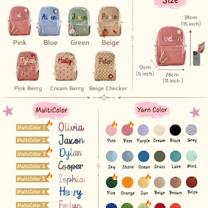 May include: A collection of personalised backpacks in shades like pink, blue, and green. Each bag has a name embroidered on it. Dimensions are 38cm high, 28cm wide, and 12cm deep. The image also displays yarn colour options for customisation.