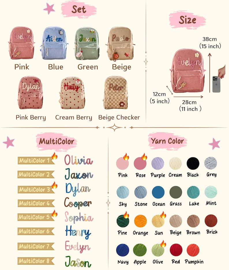 May include: A collection of personalised backpacks in shades like pink, blue, and green. Each bag has a name embroidered on it. Dimensions are 38cm high, 28cm wide, and 12cm deep. The image also displays yarn colour options for customisation.