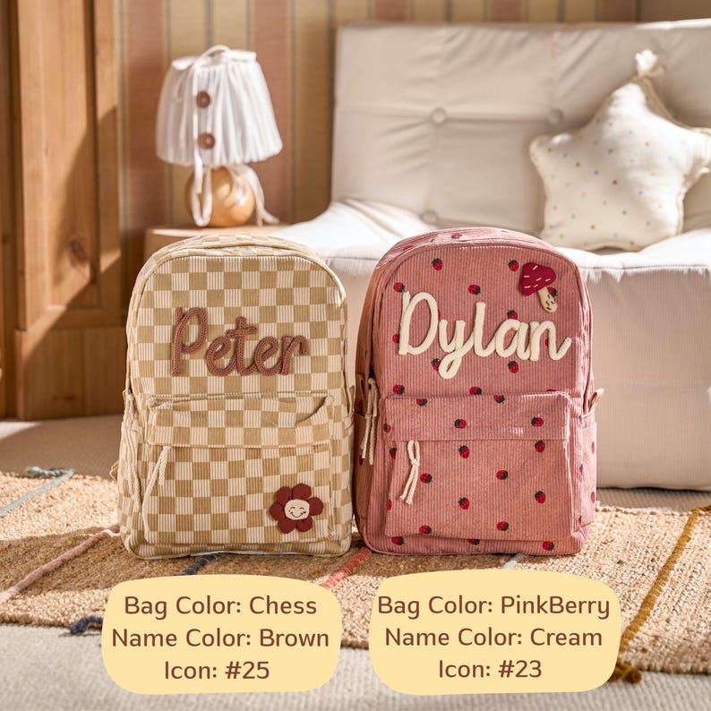 May include: Two personalised backpacks. One is tan with a checkerboard pattern and the name "Peter" in brown. The other is pink with the name "Dylan" in cream and a mushroom icon. Both have front pockets and corduroy texture.