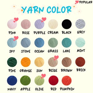 May include: A color chart displaying 24 yarn colors, each in a ball with a corresponding name. Colors include pink, rose, purple, cream, black, grey, sky, stone, ocean, grass, lake, mint, pine, orange, sun, beige, brown, brick, navy, apple, olive, red, and pumpkin.
