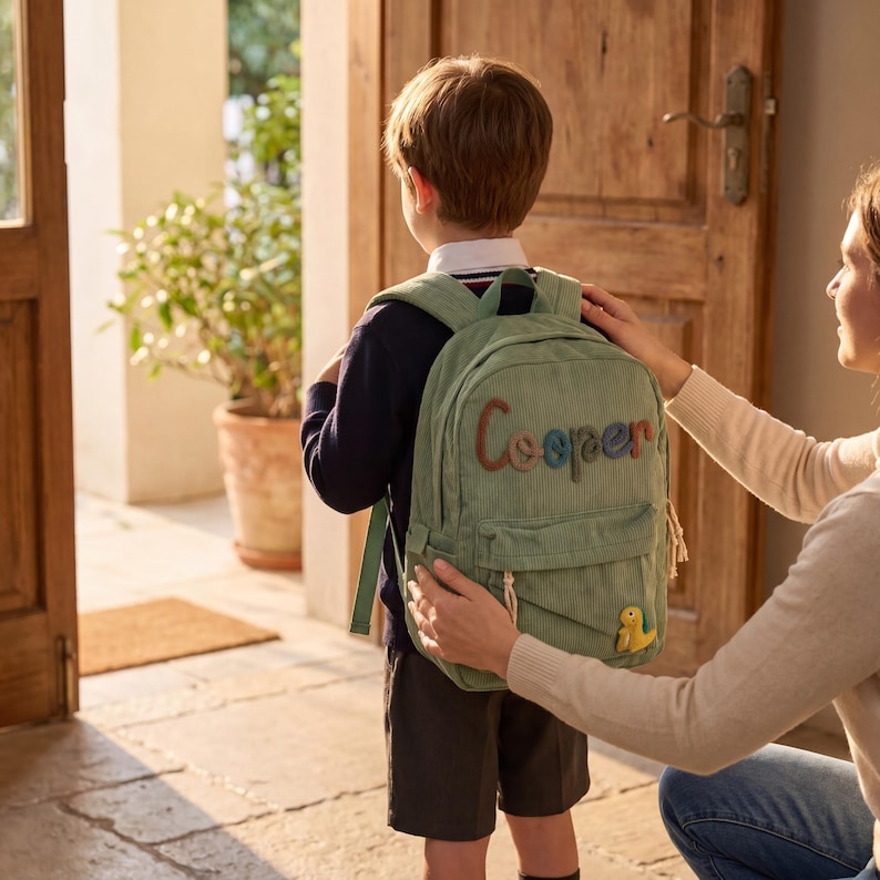 May include: A light green corduroy backpack with the name "Cooper" embroidered in colourful letters. The backpack has a front pocket and a small yellow dinosaur patch. The child is wearing a navy blue sweater and shorts.