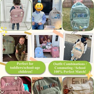 May include: A collection of corduroy backpacks in different colours, each personalised with a name such as "Caetana" and "Emilio." The image includes the text "Buyer's Gallery" and "Perfect for toddlers/school-age children!"