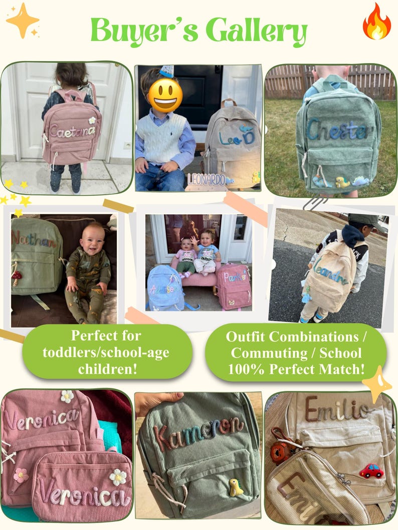 May include: A collection of corduroy backpacks in different colours, each personalised with a name such as "Caetana" and "Emilio." The image includes the text "Buyer's Gallery" and "Perfect for toddlers/school-age children!"