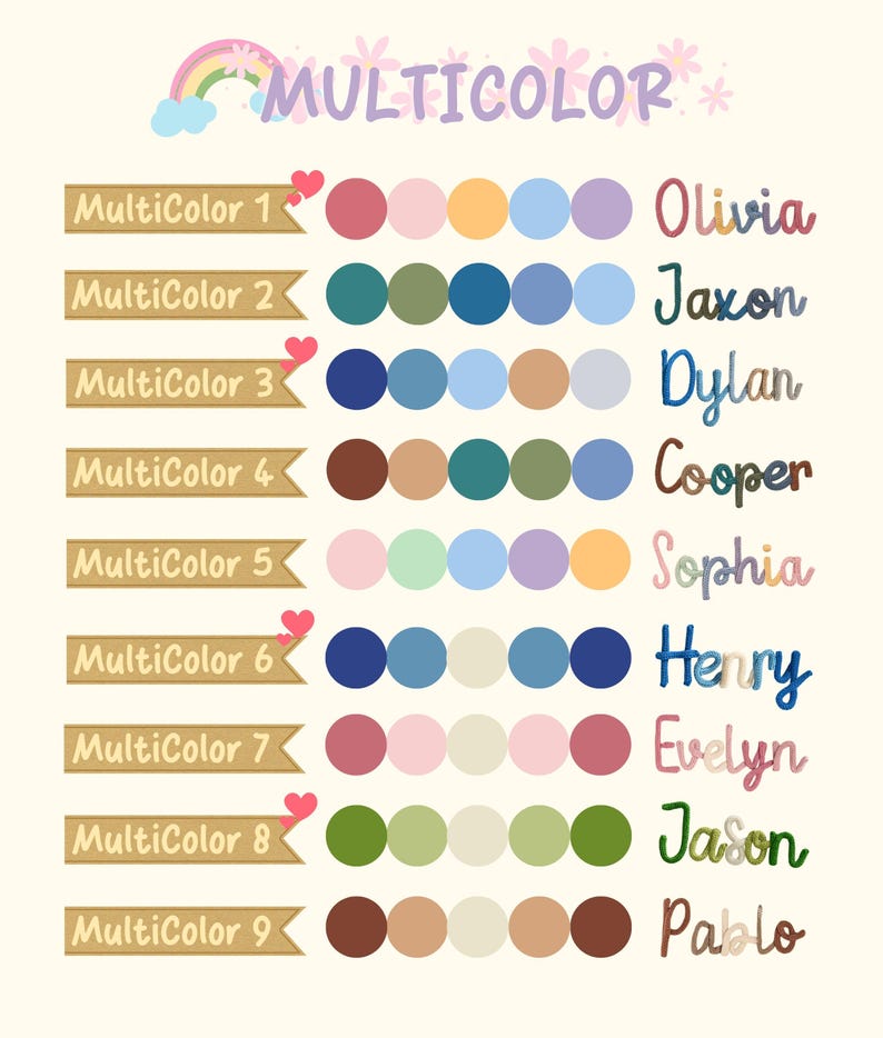 May include: A colorful chart with the word "MULTICOLOR" at the top. It features nine rows of color palettes, each with five circles, and names like Olivia, Jaxon, and Dylan. A rainbow and flowers decorate the top.