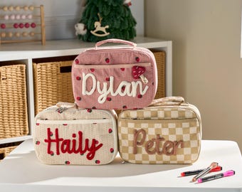 Personalized Kids Lunch Bag: Corduroy Strawberry Design, Knitted Name