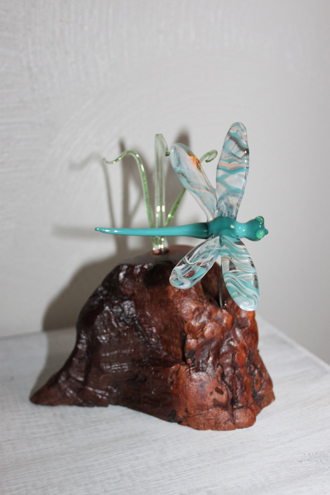 Hand Blown Glass Dragonfly Sculpture on Wood Teal Color Etsy