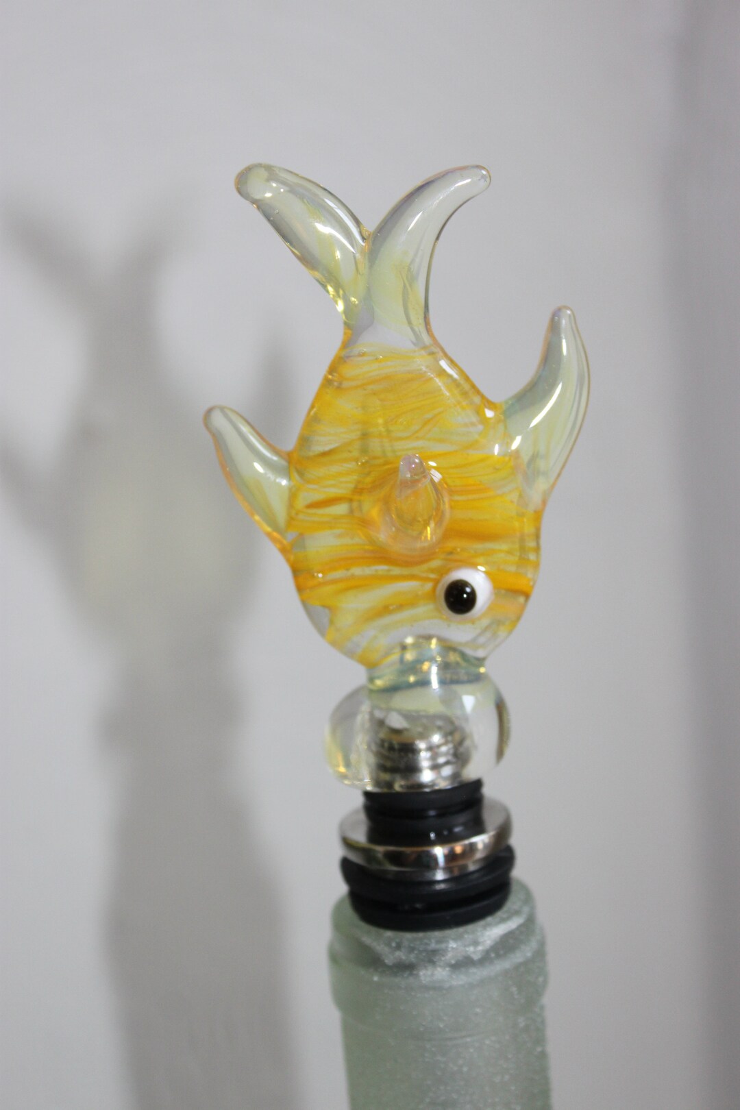 Hand Blown Glass Fish Wine Stopper, Shades of Yellow Color, Ready to