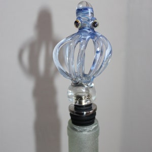 Hand blown glass octopus wine stopper, white and blue color, ready to ship