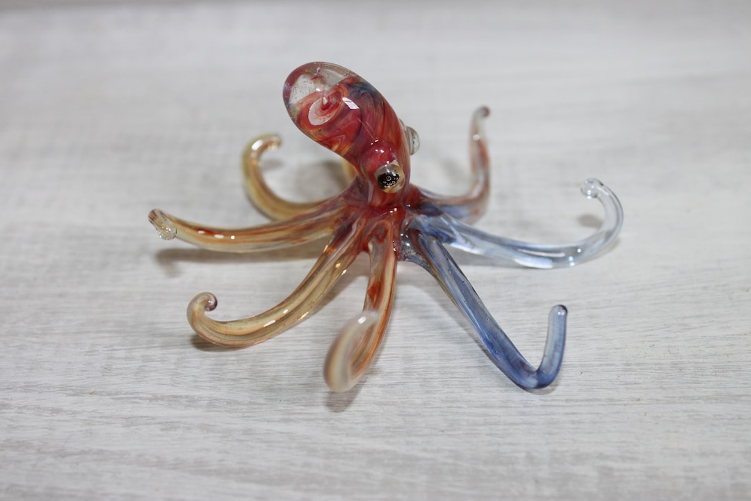 Hand Blown Glass Octopus Sculpture, Coral and Blue Color, Ready to Ship