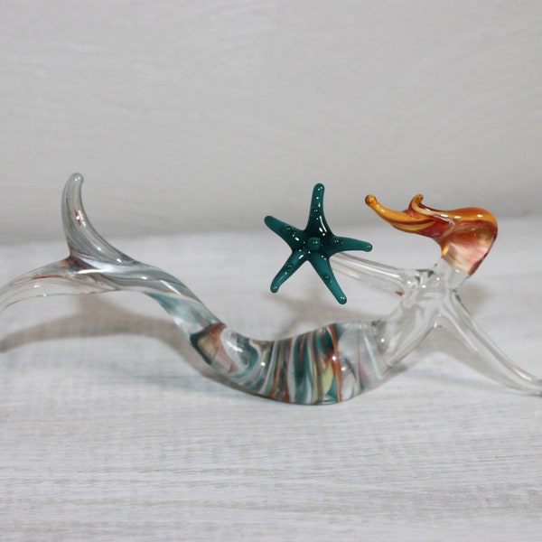 Hand blown glass mermaid with starfish sculpture, teal blue and melba melange, ready to ship