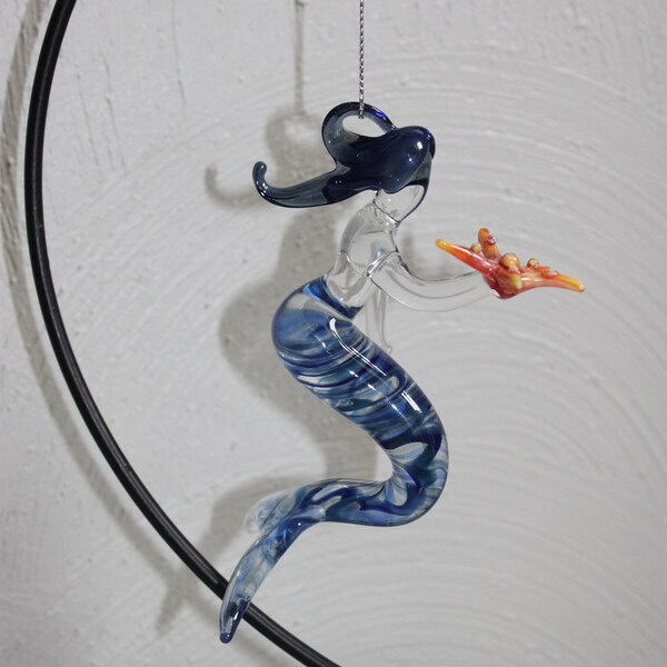 Hand blown glass mermaid with starfish ornament, shades of blue color, ready to ship