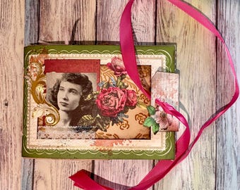 Handmade Ephemera Folio Junk Journal, Vintage Rose Floral Design (7" x 5")