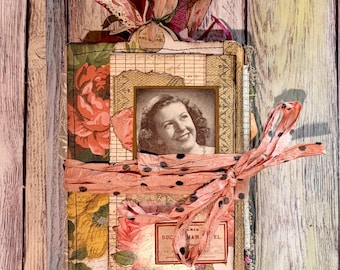 Handmade Tag Accordian Junk Journal, Vintage Floral Girlfriend Design 8 x 5 1/2