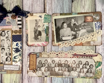 Vintage Photo Junk Journal Tags, Handmade Collage Set of 4, Set no 003