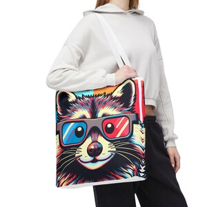 Retro Waschbär Tragetasche - 3 Größen, Trippy Tierbuch Tasche, Illustrierte Wildtiere Druck, Strandtasche, Reisetasche, Boho Geschenk, lässiger Tag