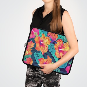 Laptop Sleeve - Neon Hibiscus, tropical laptop soft case, Hawaiian pattern, vacation print, floral style, tech accessories, student gift
