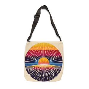 Verstellbare Tragetasche - Retro Sunburst Electric Horizontale Farbverlauf Streifen - Strandbuch Tasche, Geschenk für Outdoor-Enthusiasten - Blitze,