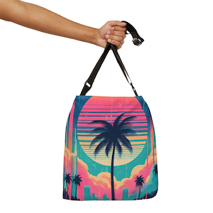 Verstellbare Tragetasche - Neon Palm City, Retro Steamwave Tropical Schultertasche - Strand oder Pool Tasche, Pink Gelb Sun - Teal, Black Palm