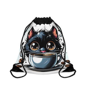 Bolsa con cordón - Gato Café Americano, Gatito Negro - Diseño de Dibujos Animados Lindo, Mochila de Cuerdas Blanca y Negra - Bolso de Mano de Gatito Kawaii, Bolso de Mañana