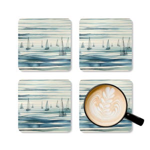 Coaster Set, Sailboat Watercolor Stripes, Nautical Theme, Home Bar Decor, Gift for Sailboat Captains, Maritime Drinks, Ocean Boating, Ships