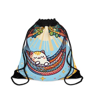 Drawstring Bag - Cat Hammock - graphic design kawaii kitty napping in the sun, beach tote, string backpack, bohemian cartoon