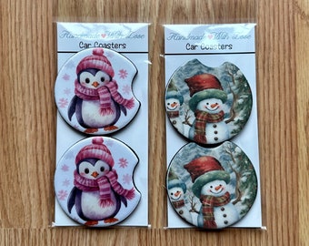 Snowman penguin car coasters set 2 Winter cute gift birthday Valentine’s Day