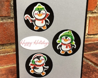 OOAK Handmade Happy Holidays Penguins Card w/ Envelope