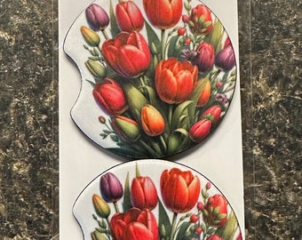 Tulips car coasters set 2 gift birthday Mother’s Day  flowers spring beautiful