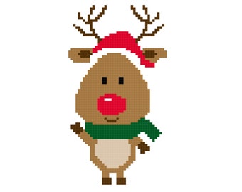 Navidad Rudolph Reno Santa Sombrero & Bufanda Patrón de punto de cruz Descarga digital instantánea en PDF