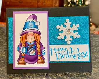Gnome girl or hippo happy birthday winter snowflake cards