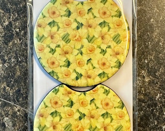 Daffodils car coasters set 2 gift birthday yellow green March birth flower spring