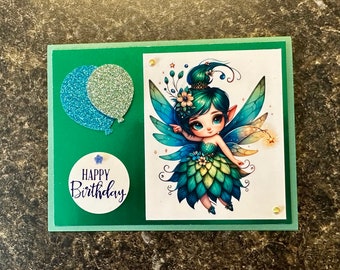 Peacock Fairy happy birthday cards yellow green  blue adult or children glitter fairies