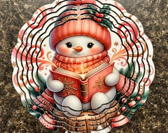 Snowman reading a book Windspinner 8” yard decor outside decor pink white gift or for yourself
