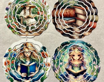 Fairy and girls reading books Windspinners 4” yard decor outside decor book lover books flowers reader