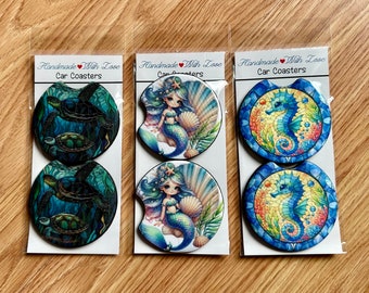 Mermaid Sea Turtle Seahorse Neoprene (soft) car coasters set 2 gift birthday Christmas