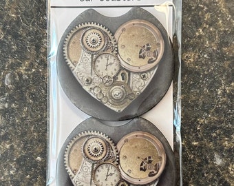 Steampunk car coasters set 2 gift birthday friend clocks grey