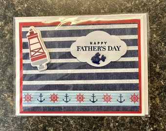 Tarjetas náuticas para el Día del Padre: ancla, pez, faro, gaviota y un osito de peluche