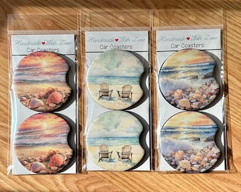 Summer sunset beach waves seashells car coasters 3 different sets great gift birthday Valentine’s Day